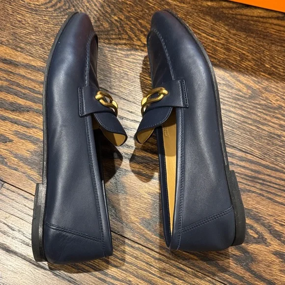 Hermes Colette Navy Blue Loafers with Gold Accent - Picture 10 of 11